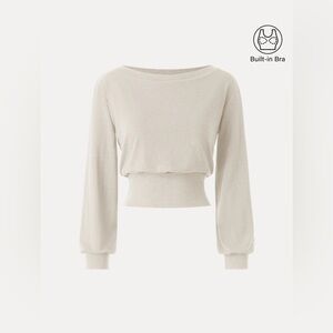 OGL Cream Cropped Boatneck Sweater with Balloon Sleeves